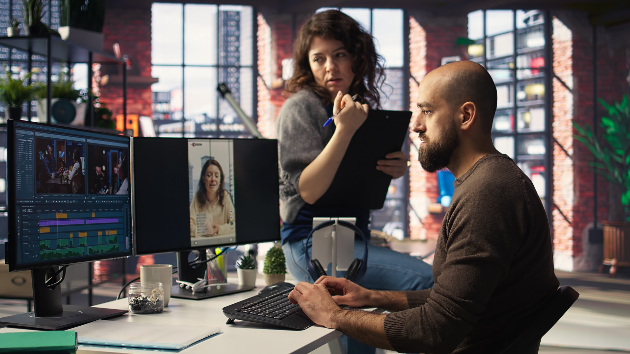 Content-Team bei der gemeinsamen Arbeit an einem Videoschnitt
