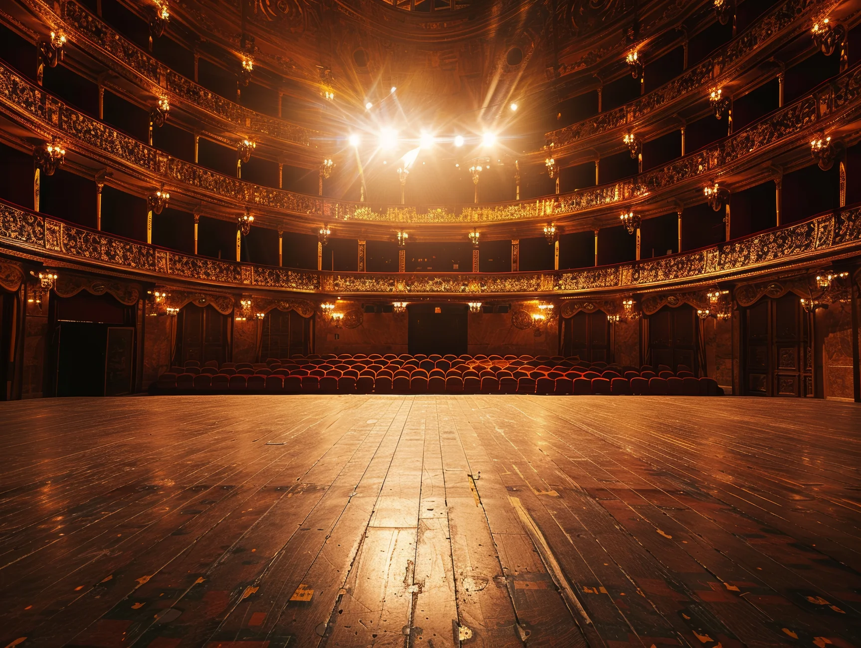 Blick von einer leeren Bühne in einen beleuchteten Theatersaal