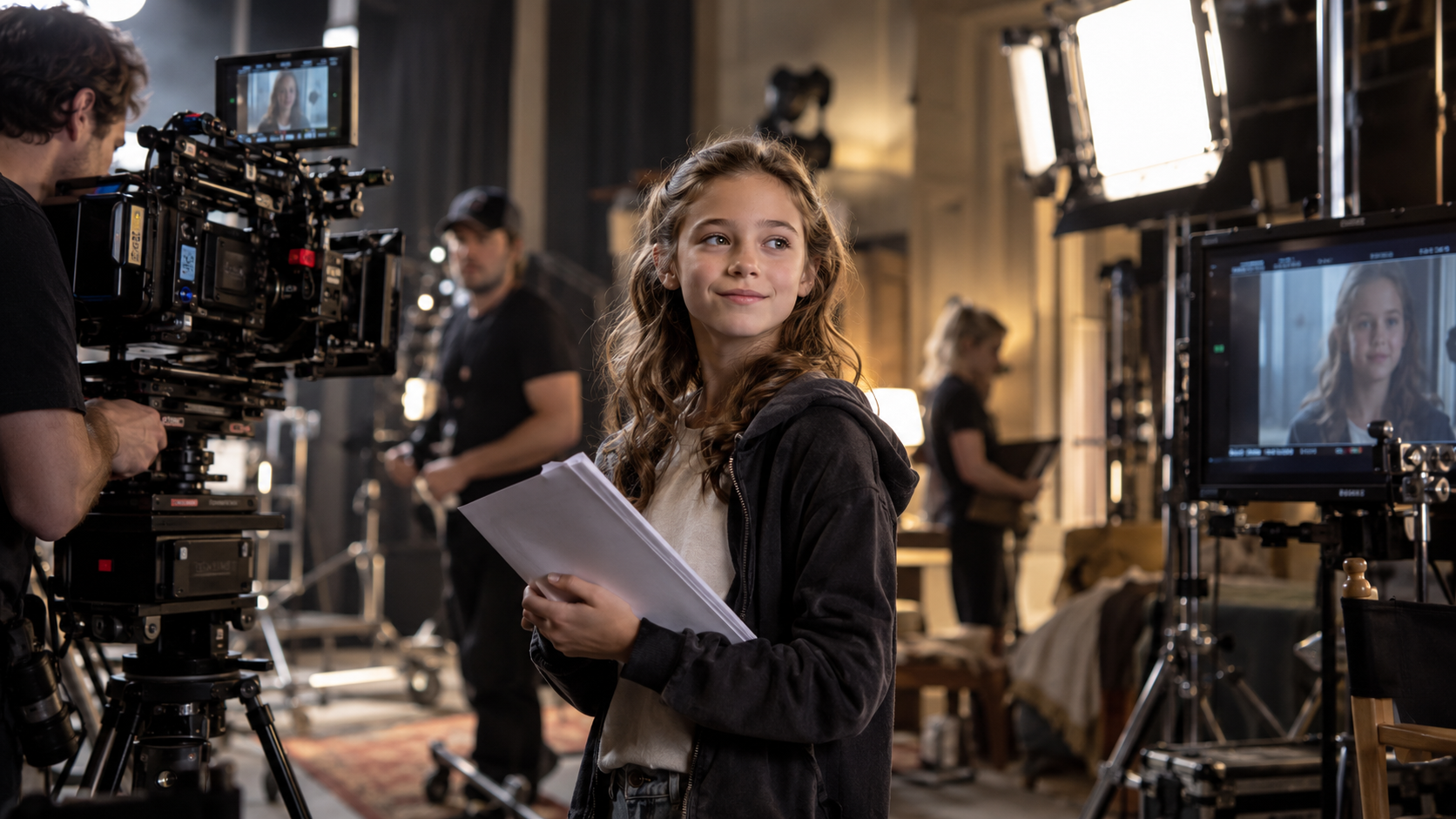 Illustration einer jungen Darstellerin mit Drehbuch am Filmset